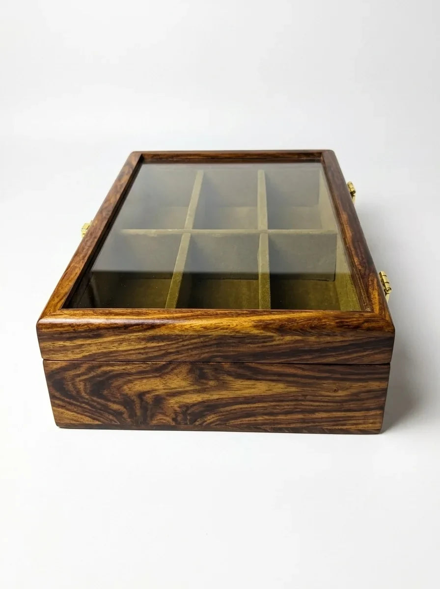 Handcrafted Wooden Sunglasses Organizer Box 6 Slots | Hand-Carved, Velvet Lined | Sheesham Wood