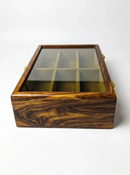 Handcrafted Wooden Sunglasses Organizer Box 6 Slots | Hand-Carved, Velvet Lined | Sheesham Wood