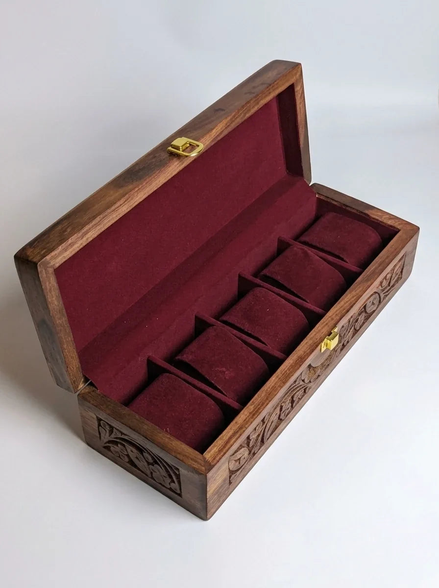 Handcrafted Wooden Watch Box - 5 Slots | Carved Sides, Shape-Holding Cushions | Sheesham Wood