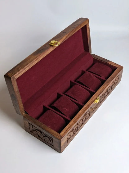 Handcrafted Wooden Watch Box - 5 Slots | Carved Sides, Shape-Holding Cushions | Sheesham Wood