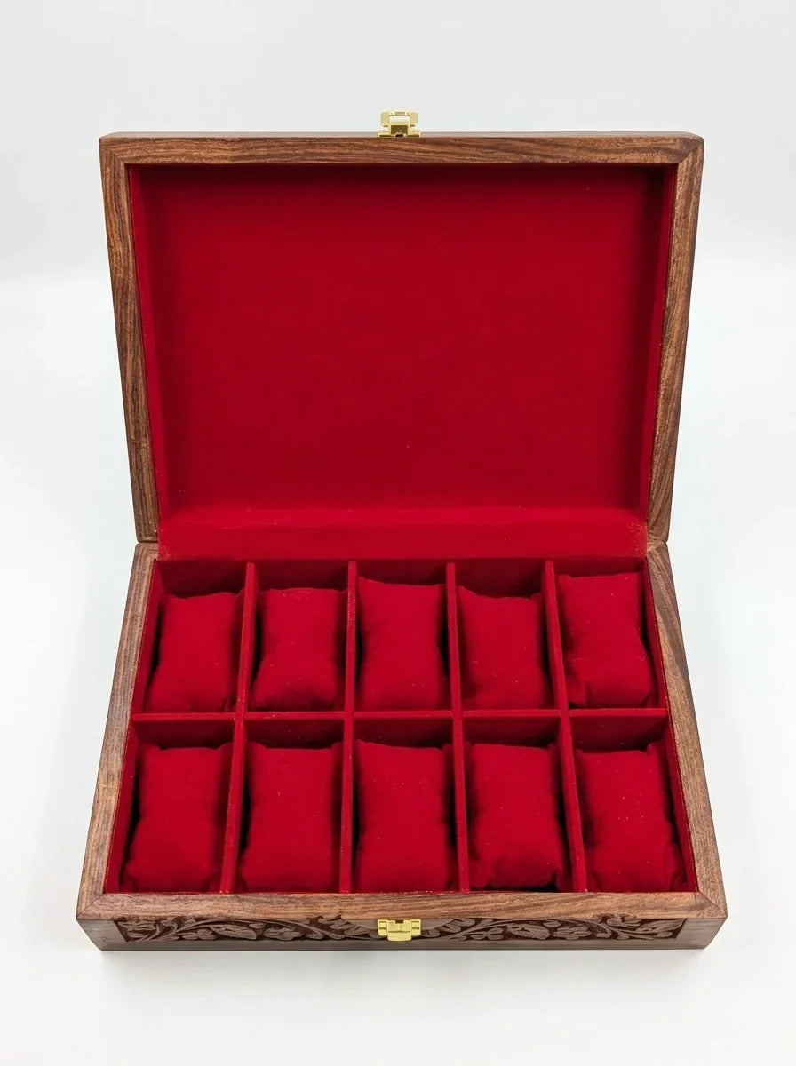 Handcrafted Wooden Watch Box 10 Slots | All-Around Carved | Soft Velvet | Sheesham Wood