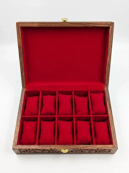 Handcrafted Wooden Watch Box 10 Slots | All-Around Carved | Soft Velvet | Sheesham Wood