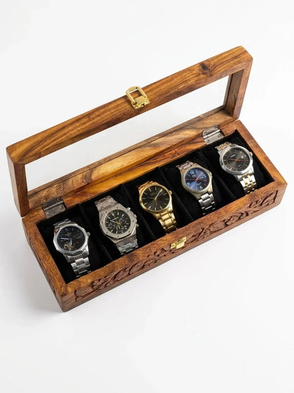 Handcrafted Wooden Watch Box 5 Slots | All-Around Carved | Soft Velvet | Sheesham Wood
