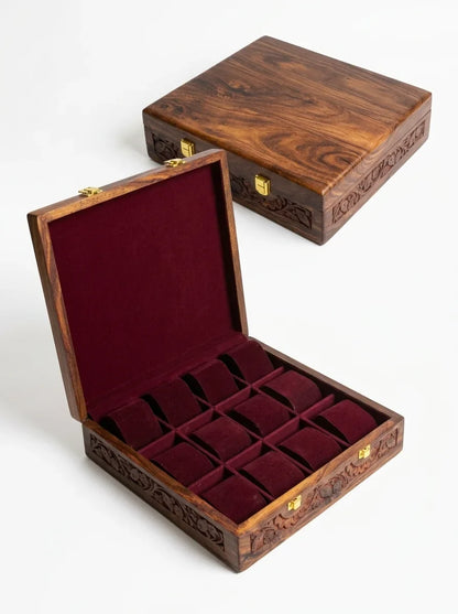 Handcrafted Wooden Watch Box | Plain Top, Carved Sides, Shape-Holding Cushions, 15 Watches