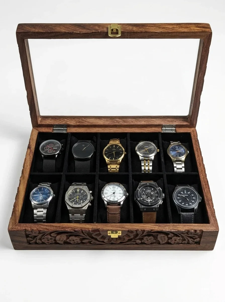 Handcrafted Wooden Watch Box 10 Slots | Glass Lid, Carved Design, Soft Velvet Cushions | Sheesham Wood