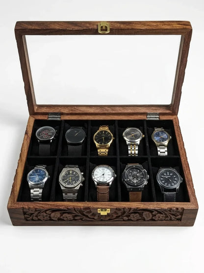 Handcrafted Wooden Watch Box 10 Slots | Glass Lid, Carved Design, Soft Velvet Cushions | Sheesham Wood