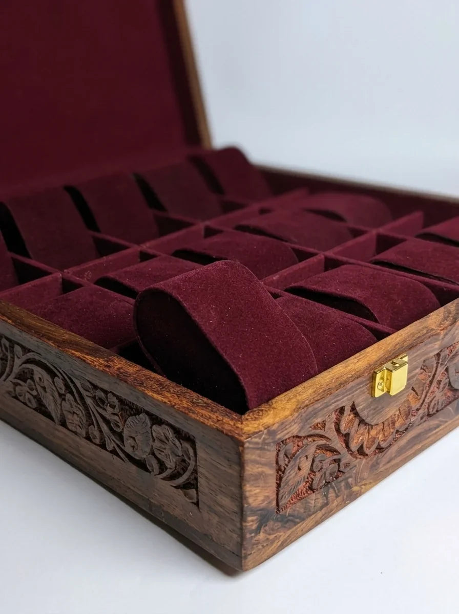 Handcrafted Wooden Watch Box | Plain Top, Carved Sides, Shape-Holding Cushions, 15 Watches