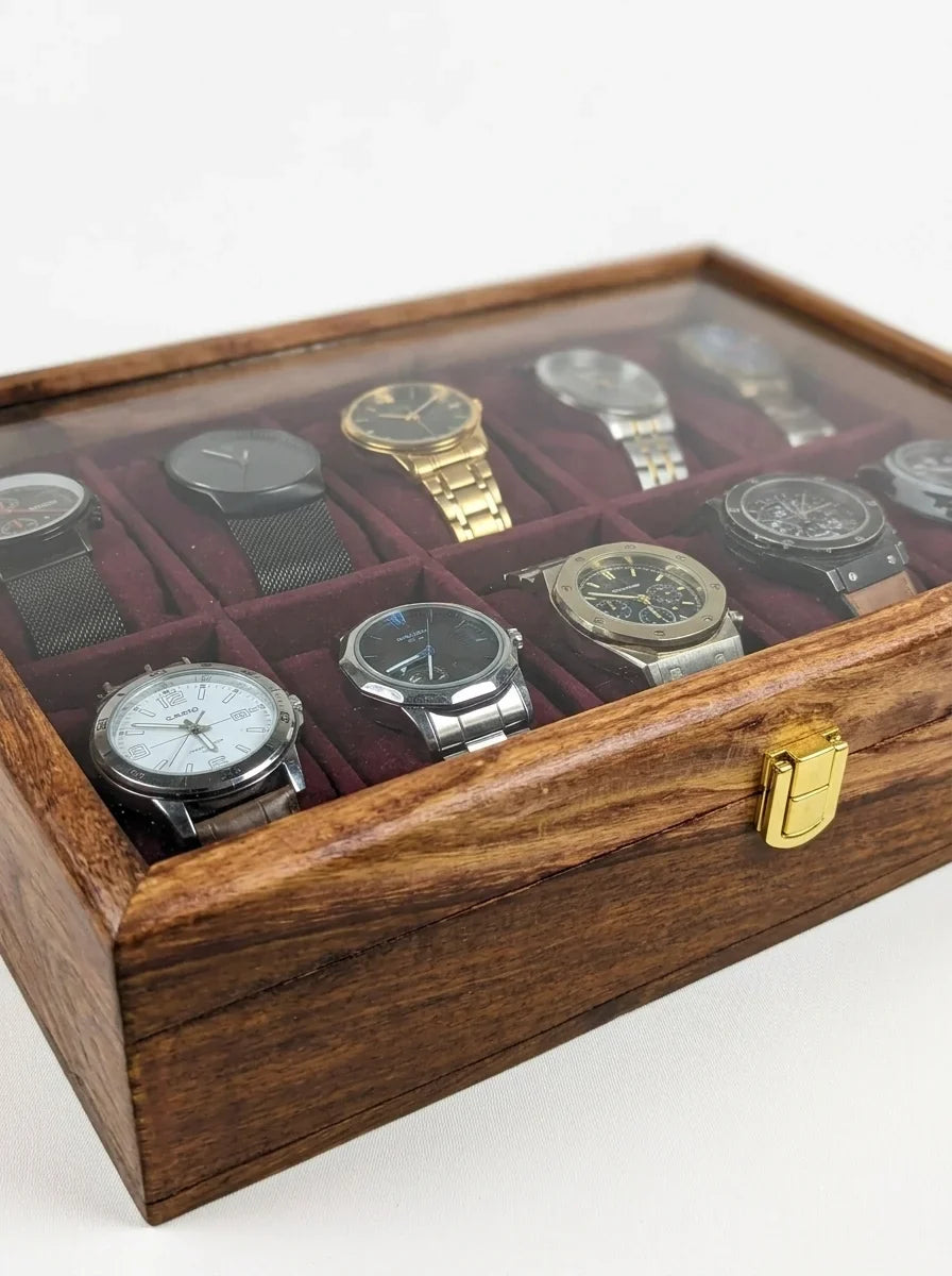 Handcrafted Wooden Watch Box 10 Slots | Glass Lid, Plain Design | Sheesham Wood