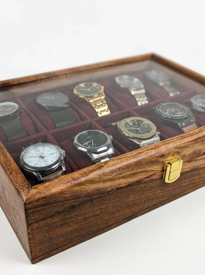 Handcrafted Wooden Watch Box 10 Slots | Glass Lid, Plain Design | Sheesham Wood