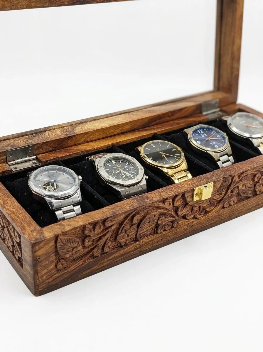 Handcrafted Wooden Watch Box 5 Slots | All-Around Carved | Soft Velvet | Sheesham Wood