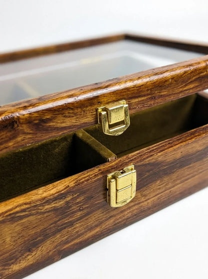 Handcrafted Wooden Sunglasses Organizer Box 6 Slots | Hand-Carved, Velvet Lined | Sheesham Wood