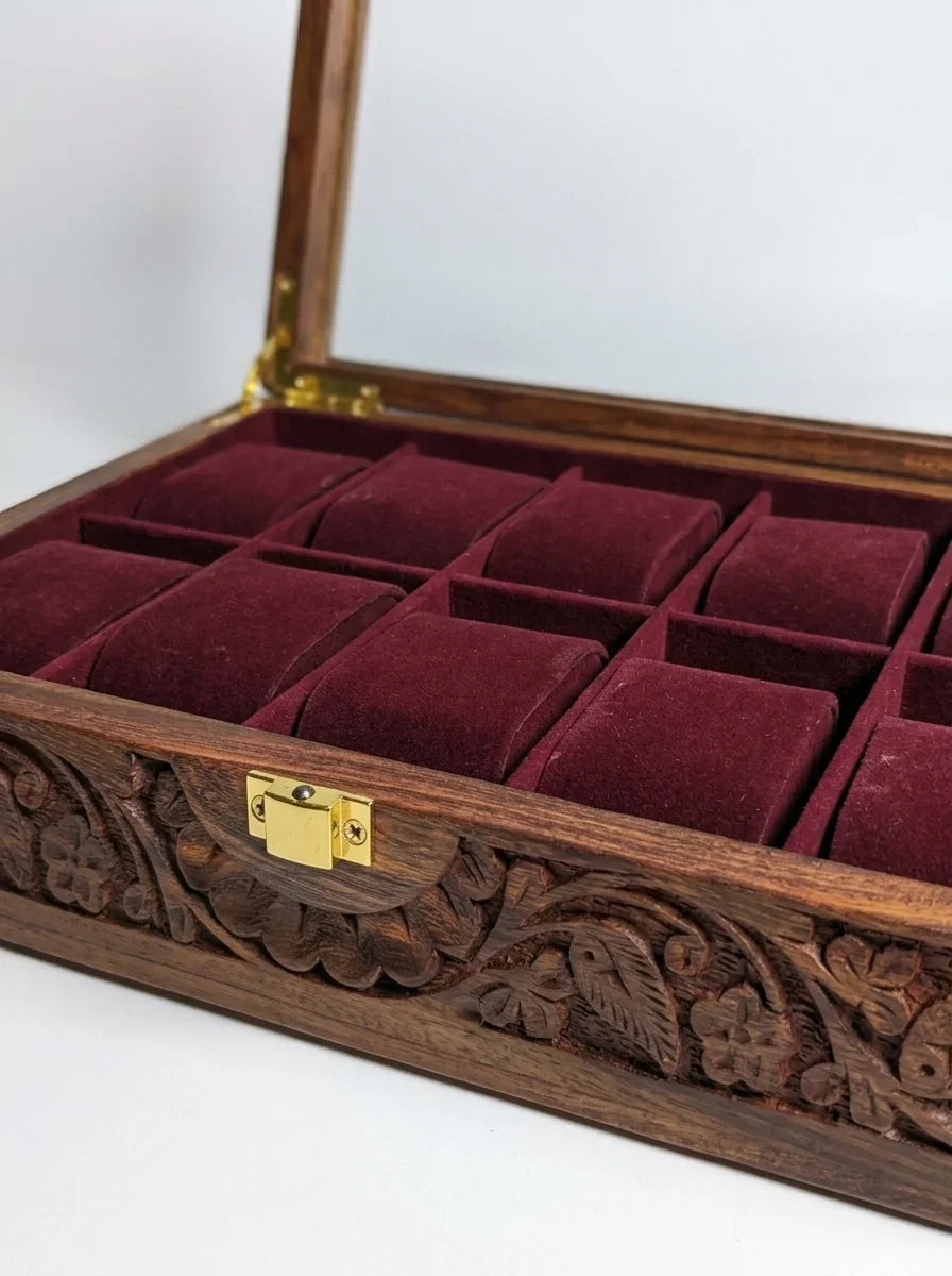 Handcrafted Wooden Watch Box | Glass Lid, Hand-Carved Panels, Shape-Holding Cushions, 10 Watches