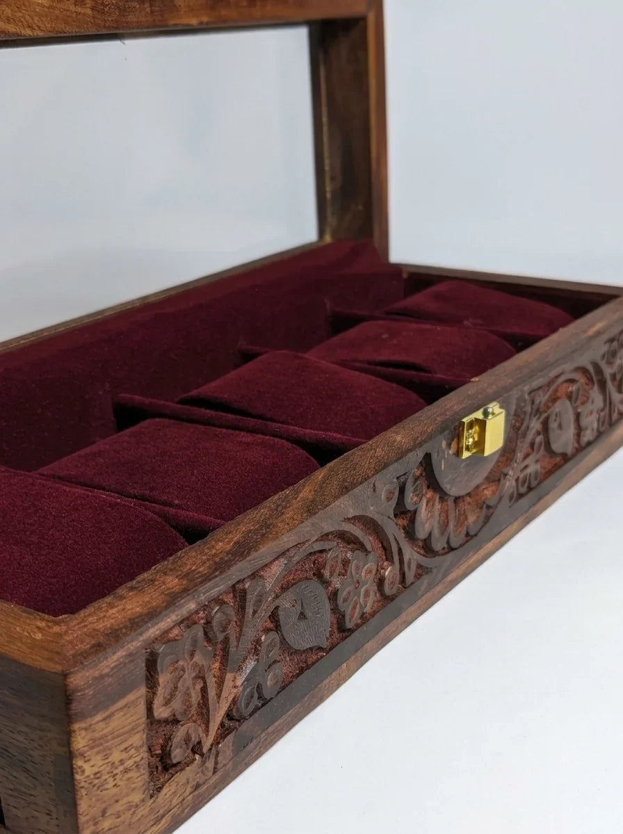 Handcrafted Wooden Watch Box | Glass Lid, Hand-Carved Panels, Shape-Holding Cushions, 5 Watches