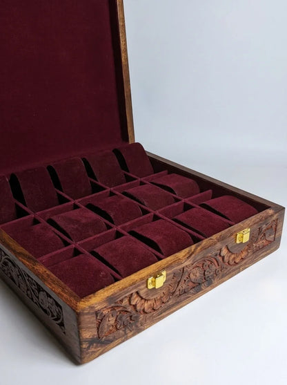 Handcrafted Wooden Watch Box | Plain Top, Carved Sides, Shape-Holding Cushions, 15 Watches