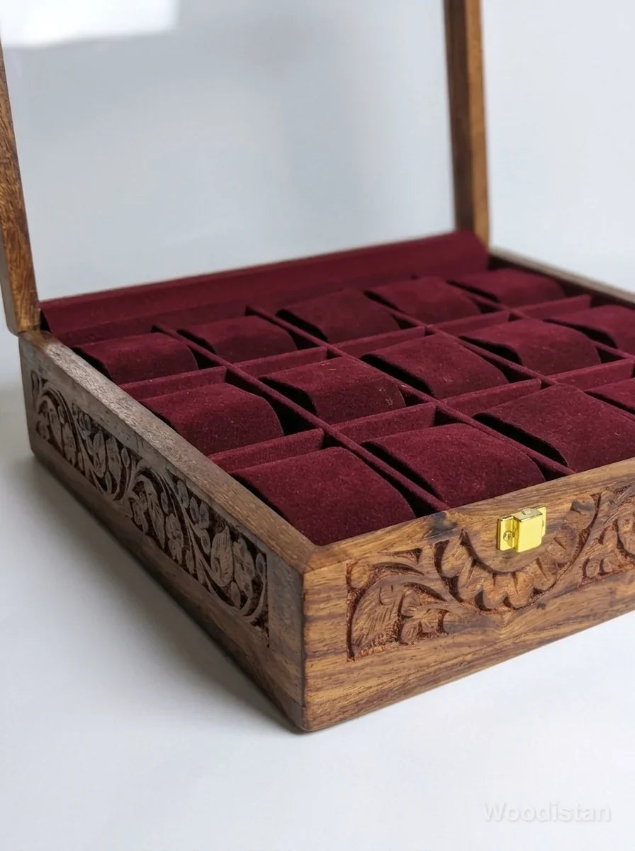Handcrafted Wooden Watch Box 15 Slots | Glass Lid, All-Around Carved, Shape-Holding Cushions | Sheesham Wood