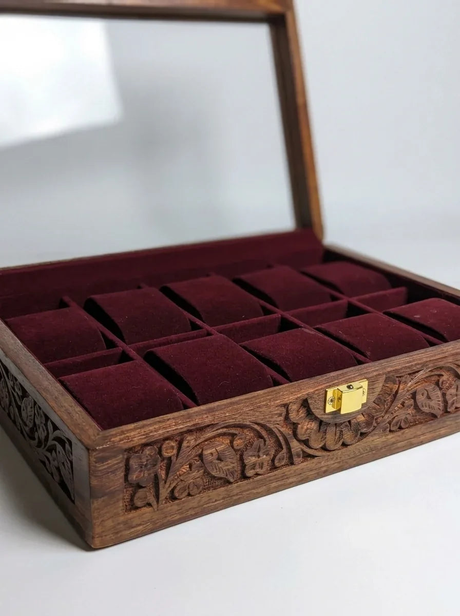 Handcrafted Wooden Watch Box | Glass Lid, Hand-Carved Panels, Shape-Holding Cushions, 10 Watches