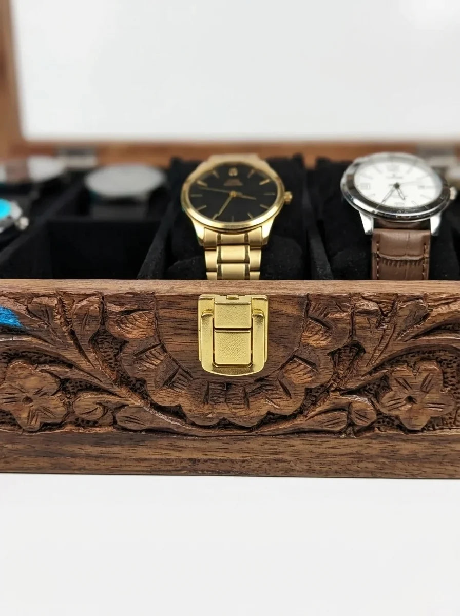 Handcrafted Wooden Watch Box 10 Slots | Glass Lid, Carved Design, Soft Velvet Cushions | Sheesham Wood