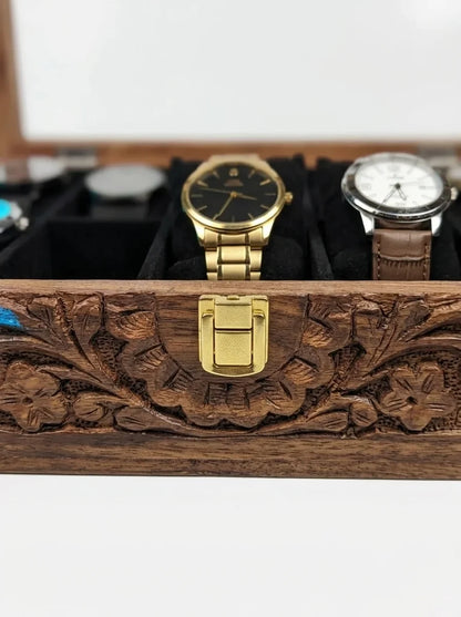 Handcrafted Wooden Watch Box 10 Slots | Glass Lid, Carved Design, Soft Velvet Cushions | Sheesham Wood
