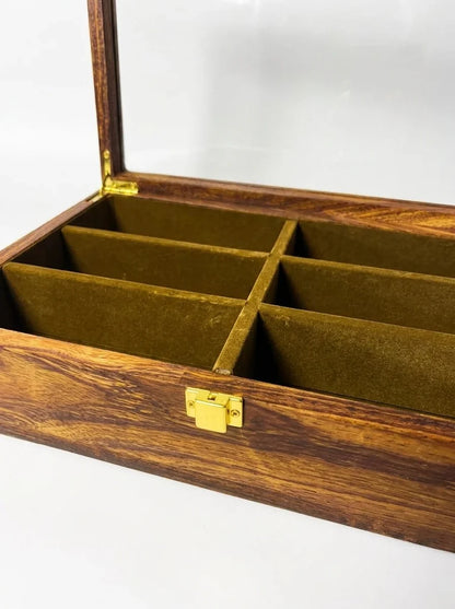 Handcrafted Wooden Sunglasses Organizer Box 6 Slots | Hand-Carved, Velvet Lined | Sheesham Wood