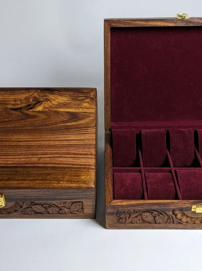 Handcrafted Wooden Watch Box | Plain Top, Carved Sides, Shape-Holding Cushions, 10 Watches