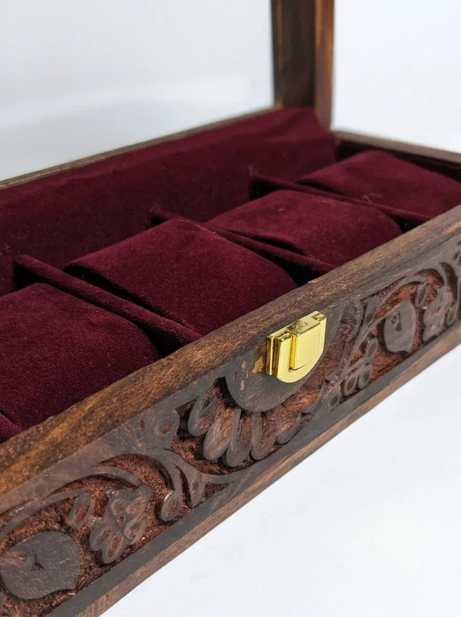 Handcrafted Wooden Watch Box | Glass Lid, Hand-Carved Panels, Shape-Holding Cushions, 5 Watches