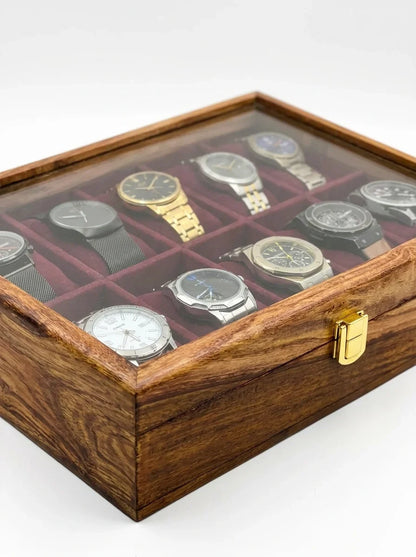 Handcrafted Wooden Watch Box 10 Slots | Glass Lid, Plain Design | Sheesham Wood