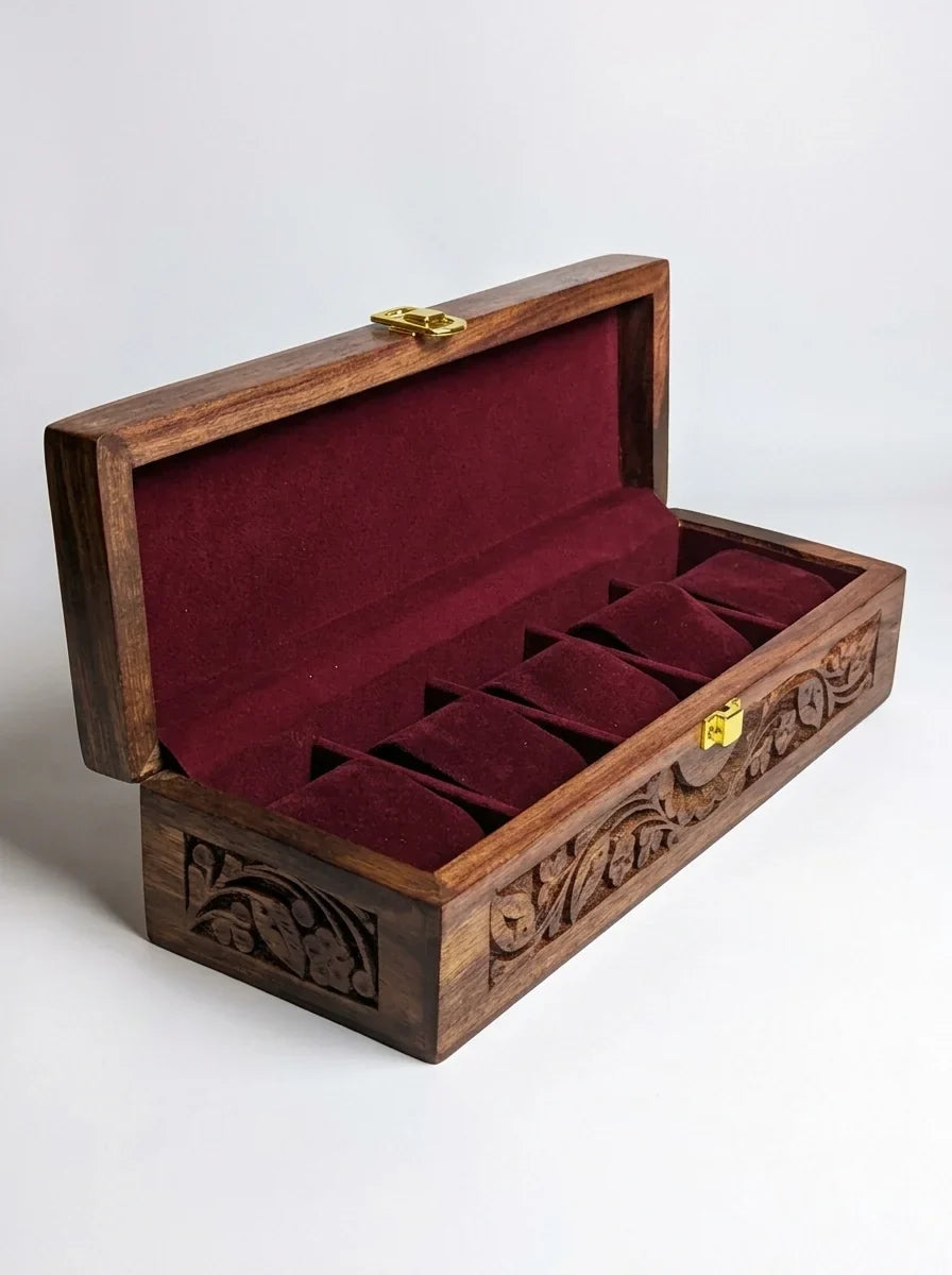 Handcrafted Wooden Watch Box - 5 Slots | Carved Sides, Shape-Holding Cushions | Sheesham Wood