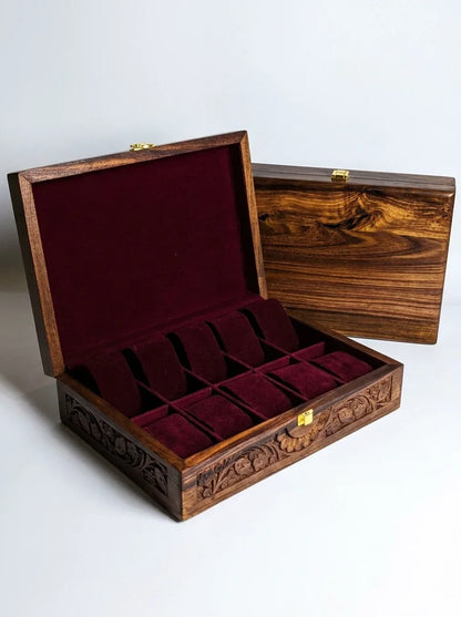 Handcrafted Wooden Watch Box | Plain Top, Carved Sides, Shape-Holding Cushions, 10 Watches