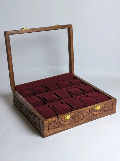 Handcrafted Wooden Watch Box 15 Slots | Glass Lid, All-Around Carved, Shape-Holding Cushions | Sheesham Wood