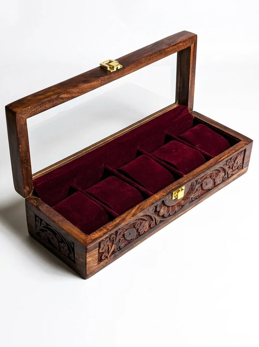 Handcrafted Wooden Watch Box | Glass Lid, Hand-Carved Panels, Shape-Holding Cushions, 5 Watches