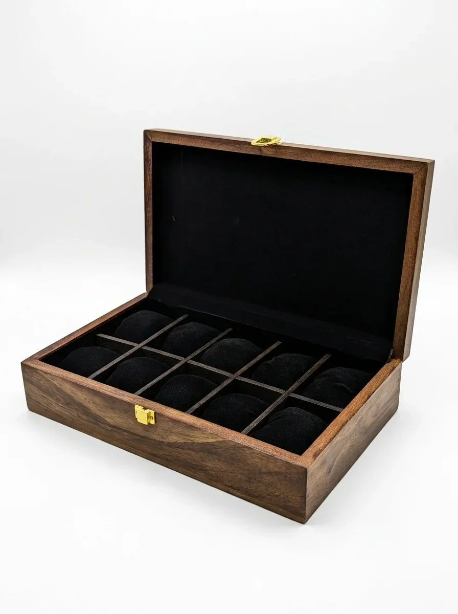 Handcrafted Wooden Watch Box, 10 Slots | Plain Top, Plain Design | Sheesham Wood