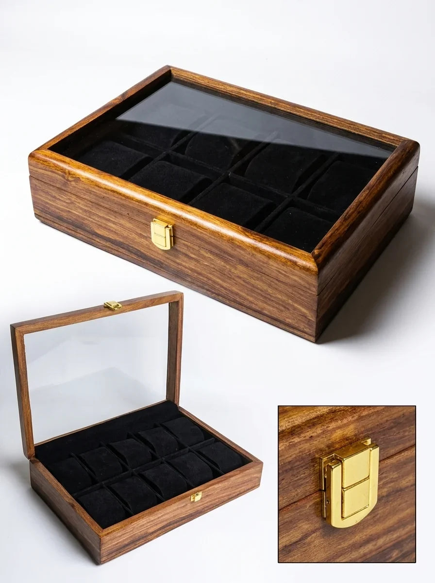 Handcrafted Wooden Watch Box | Glass Lid, Plain Design, Shape-Holding Cushions, 10 Watches