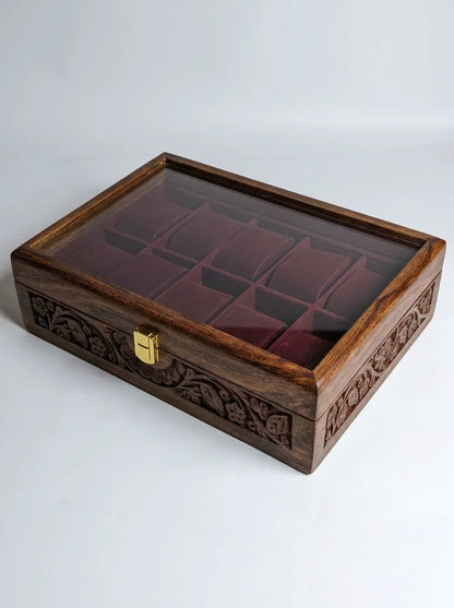 Handcrafted Wooden Watch Box | Glass Lid, Hand-Carved Panels, Shape-Holding Cushions, 10 Watches