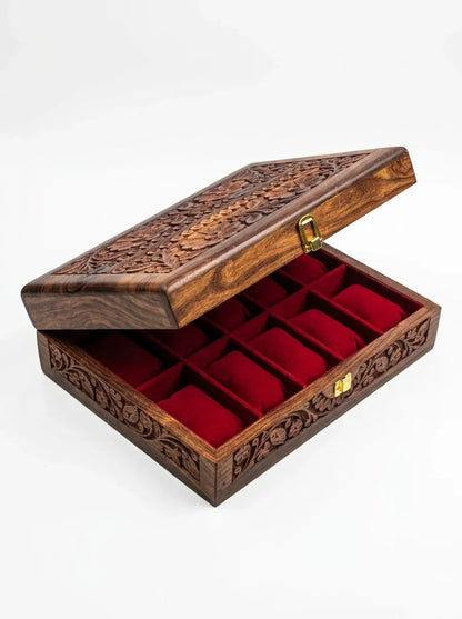 Handcrafted Wooden Watch Box 10 Slots | All-Around Carved | Soft Velvet | Sheesham Wood