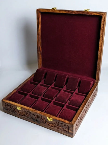 Handcrafted Wooden Watch Box | Plain Top, Carved Sides, Shape-Holding Cushions, 15 Watches