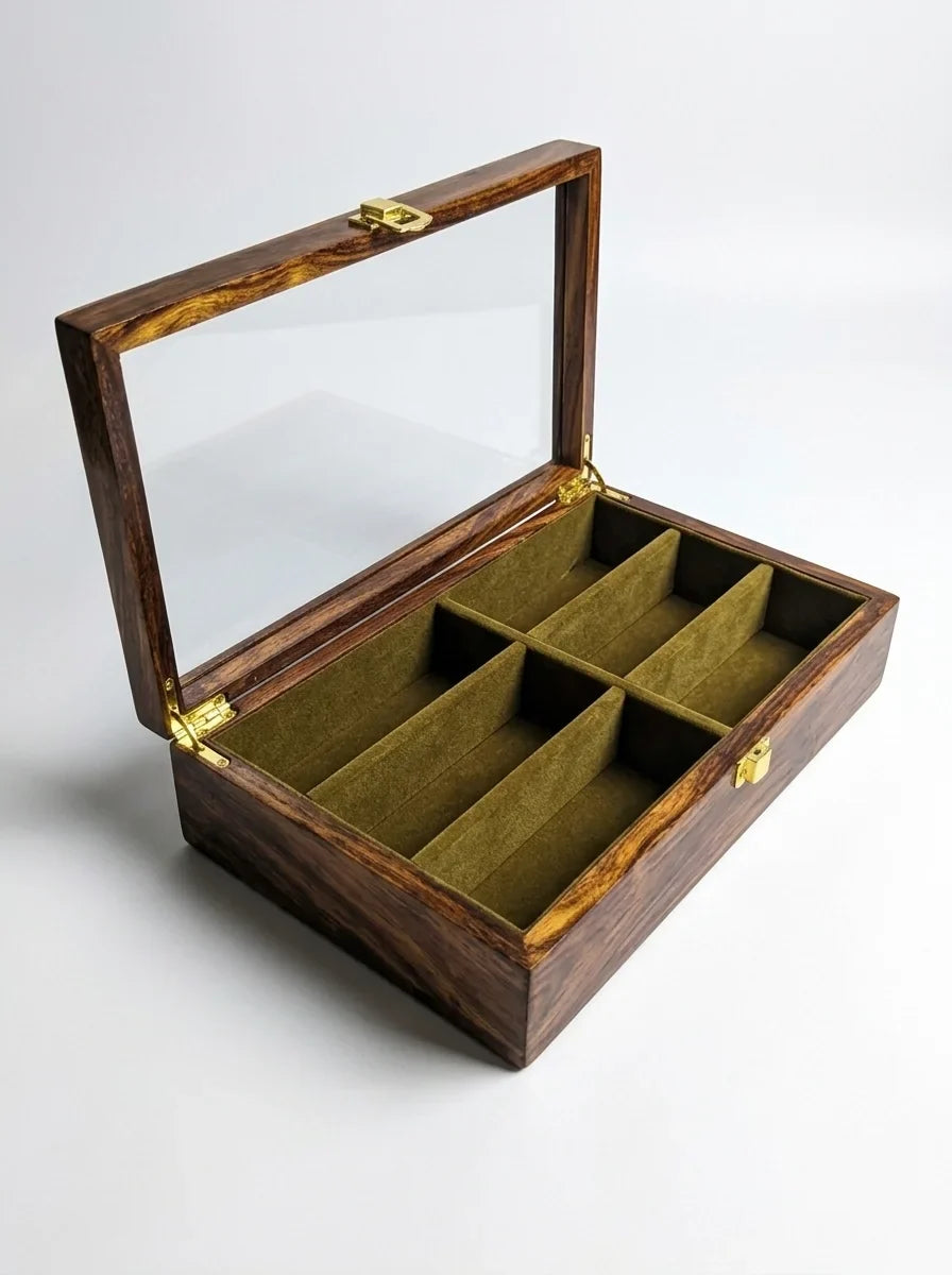 Handcrafted Wooden Sunglasses Organizer Box 6 Slots | Hand-Carved, Velvet Lined | Sheesham Wood