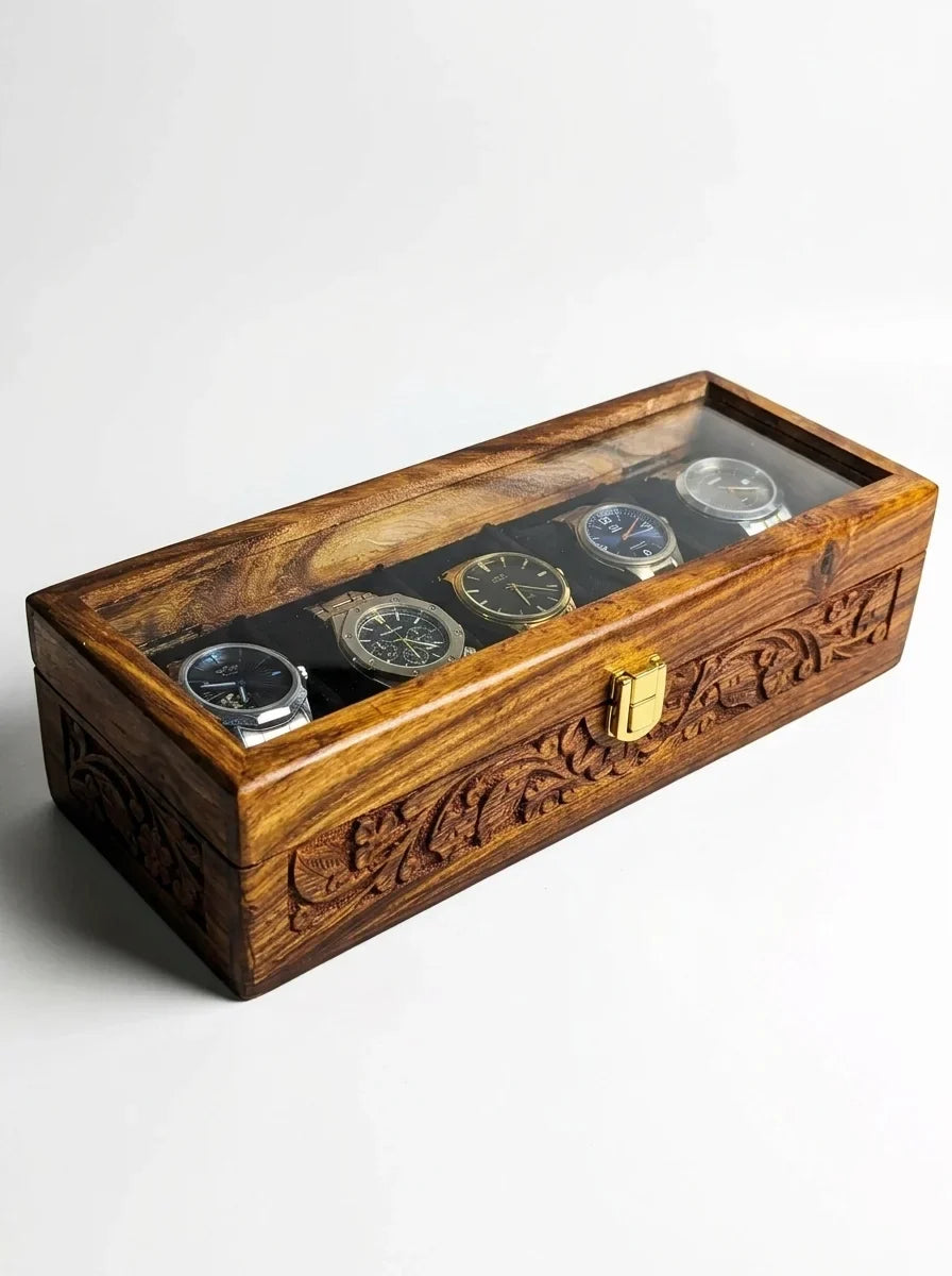 Handcrafted Wooden Watch Box 5 Slots | All-Around Carved | Soft Velvet | Sheesham Wood