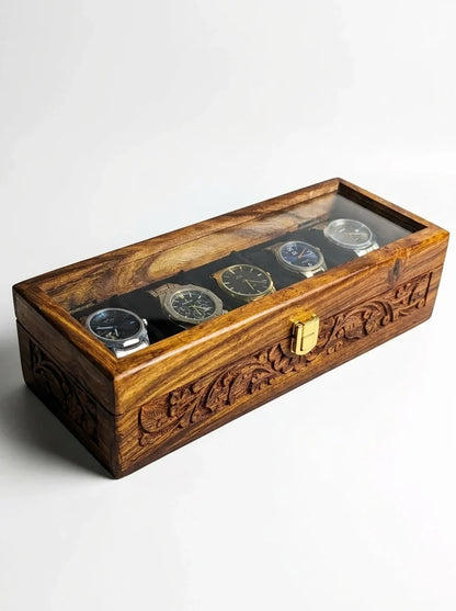 Handcrafted Wooden Watch Box 5 Slots | All-Around Carved | Soft Velvet | Sheesham Wood