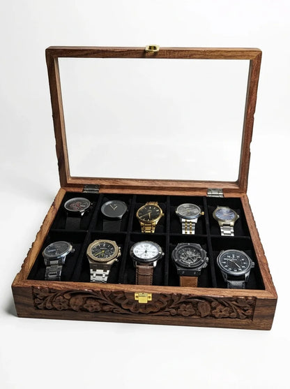 Handcrafted Wooden Watch Box 10 Slots | Glass Lid, Carved Design, Soft Velvet Cushions | Sheesham Wood