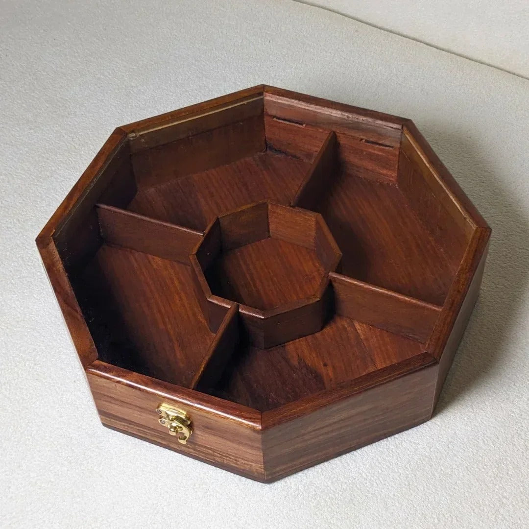 Wooden Octagon Dry Fruit Box with Glass Lid - Large
