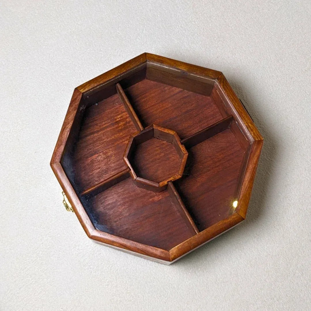 Wooden Octagon Dry Fruit Box with Glass Lid