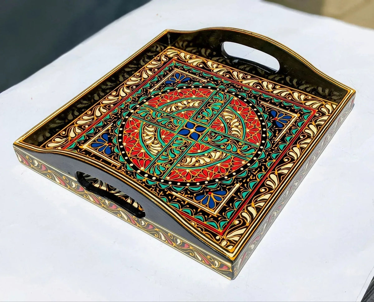 Traditional Pakistani Naqshi Tray with Lacquer Engraving