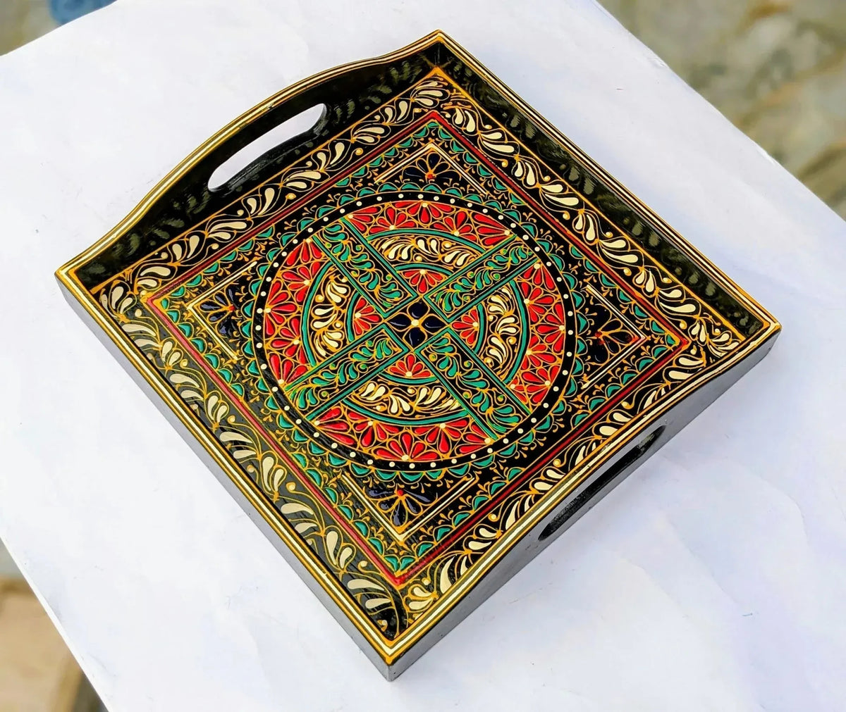 Traditional Pakistani Naqshi Tray with Lacquer Engraving