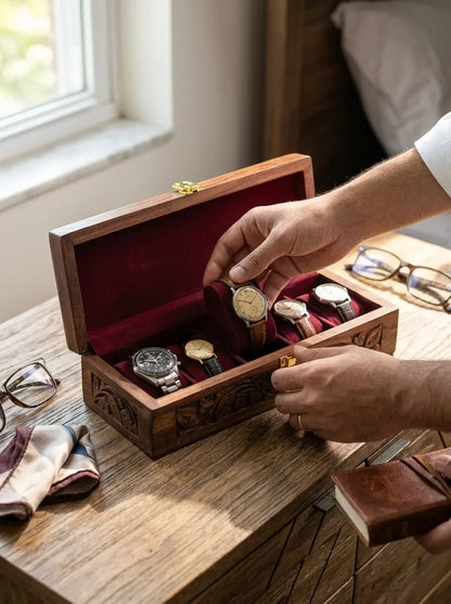 Handcrafted Wooden Watch Box - 5 Slots | Carved Sides, Shape-Holding Cushions | Sheesham Wood