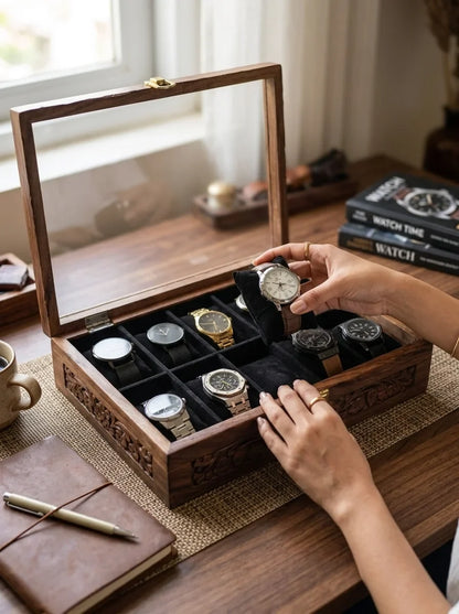 Handcrafted Wooden Watch Box 10 Slots | Glass Lid, Carved Design, Soft Velvet Cushions | Sheesham Wood