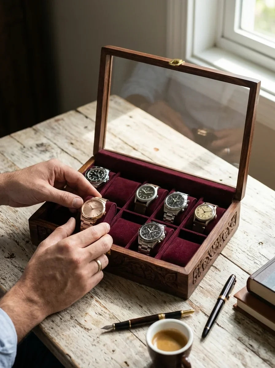 Handcrafted Wooden Watch Box | Glass Lid, Hand-Carved Panels, Shape-Holding Cushions, 10 Watches