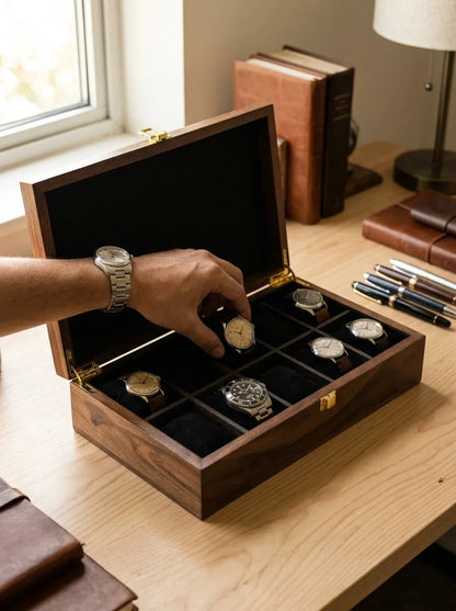 Handcrafted Wooden Watch Box, 10 Slots | Plain Top, Plain Design | Sheesham Wood