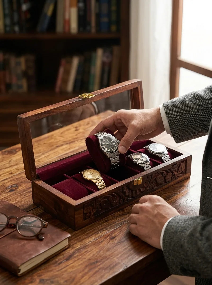 Handcrafted Wooden Watch Box | Glass Lid, Hand-Carved Panels, Shape-Holding Cushions, 5 Watches