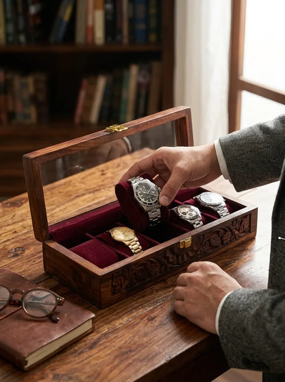 Handcrafted Wooden Watch Box | Glass Lid, Hand-Carved Panels, Shape-Holding Cushions, 5 Watches