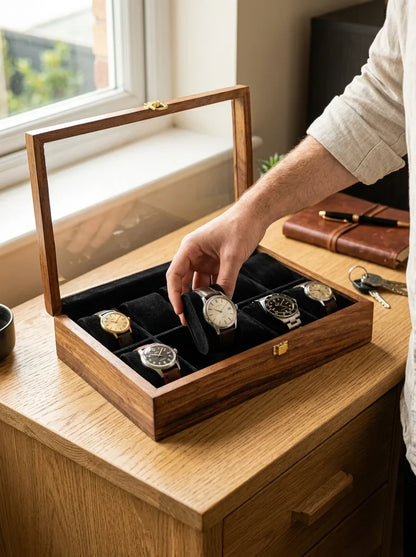 Handcrafted Wooden Watch Box | Glass Lid, Plain Design, Shape-Holding Cushions, 10 Watches
